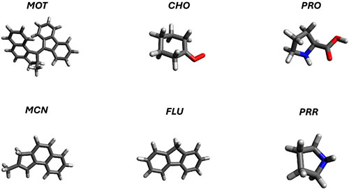 Nonaromatic building blocks analyzed in this work: Fluorene (FLU), 2-methyl-3H-cyclopenta[a]naphthalene (MCN), Molecular Motor (MOT), Pyrrolidine (PRR), Proline (PRO), Cyclohexanone Oxide (CHO)
