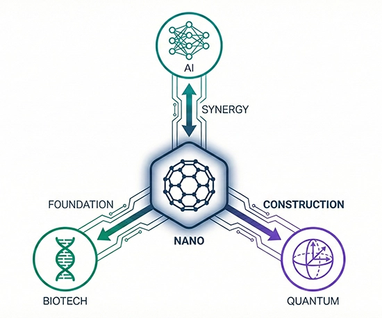 The Nanotechnology Convergence Map showing relationships between nanotechnology, AI, biotechnology, and quantum computing