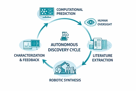 The Autonomous Discovery Cycle showing self-driving laboratory processes