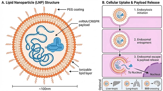 LNP delivery mechanism diagram: Lipid nanoparticle architecture and cellular delivery mechanism