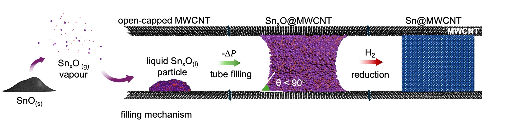 Schematic illustration of the vapor-phase formation of metallic nanowires confined within the core of the MWCNT