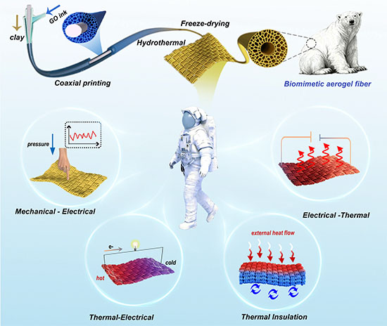 schematic illustration of conceptual design, controllable fabrication, and multifunctional integration of biomimetic hollow graphene aerogel fibers and flexible smart textiles