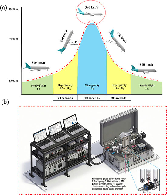 (a) Schematic representation of the parabolic flight. (b) Digital Images of the setup on the plane.