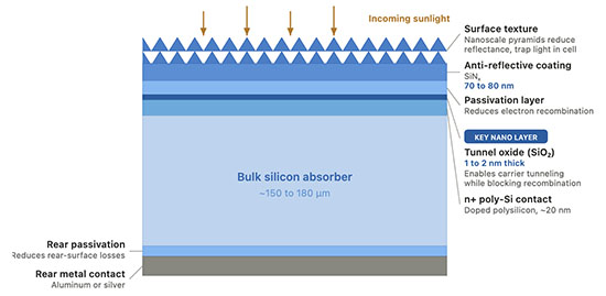 Inside a modern silicon solar cell - Simplified cross-section of a TOPCon cell