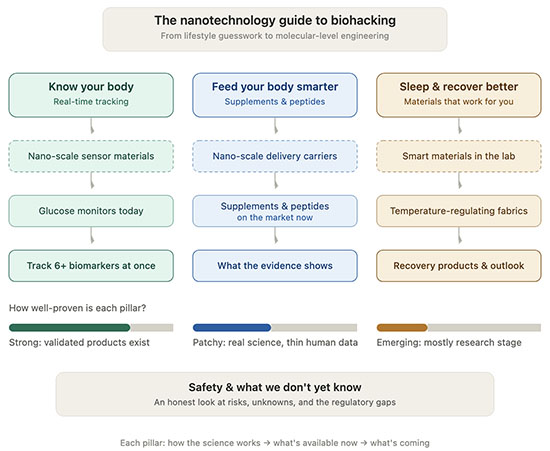 Evidence map for nano-enabled biohacking, including biosensors, nano-delivery systems, peptides, and smart materials