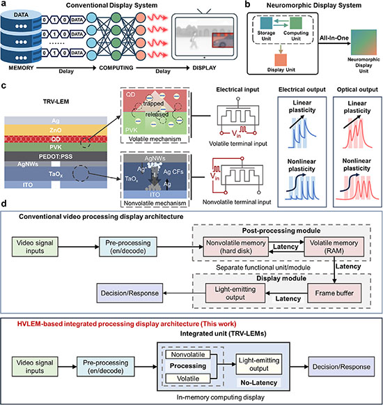 Schematic illustration of integrated processing display architecture based on three-terminal reconfigurable volatile/nonvolatile light-emitting memristor